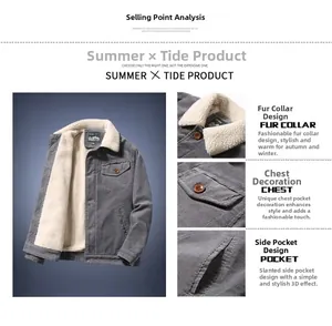 Detail view of men's grey corduroy jacket featuring white faux shearling lining and collar