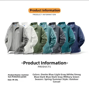 Flat lay display showing seven vibrant colors of men's lightweight UV protection jackets