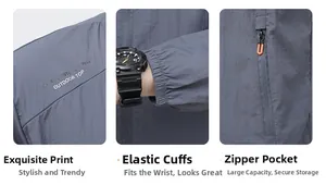 Detail of grey sun protection jacket showing logo print, elastic cuffs and zip pockets