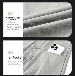 Detail view of breathable grey fabric texture and secure inner pocket for smartphones