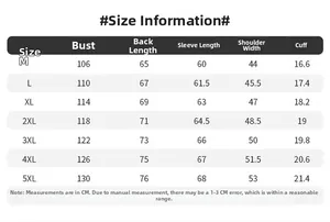 Detailed size chart for men sun protection jacket including chest and sleeve measurements