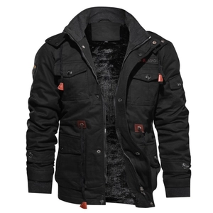 Men's black hooded fleece jacket with heavy-duty cargo pockets for winter warmth