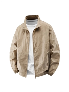 Veste coupe-vent légère pour hommes en kaki avec col montant et poignets élastiques