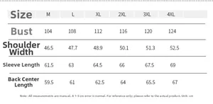 Size chart detail for men corduroy jacket showing measurements from M to 4XL in centimeters