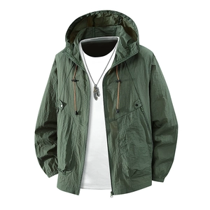 Unisex UPF50+ ice silk sun protection jacket in dark green with adjustable hood and zipper