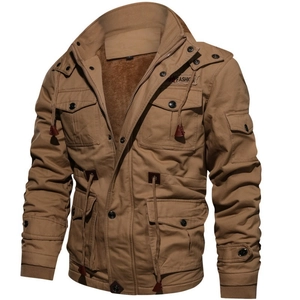 Men's khaki hooded tactical cargo jacket with warm fleece lining and multi-pocket detail