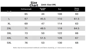 Size chart table for lightweight sun protection jacket showing measurements from M to 5XL