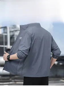 Detail view of grey lightweight sun protection jacket with outdoor logo and stand collar