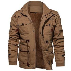 Men's khaki hooded parka with warm plush lining and multi-pocket utility design