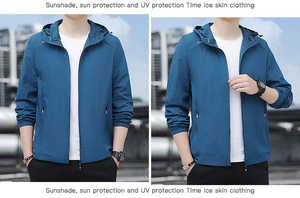 Détail de la veste de protection solaire bleu marine légère à capuche avec poche zippée