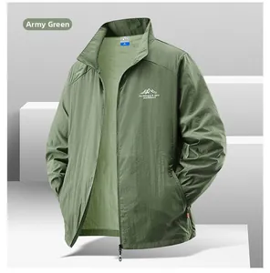Close-up of green sun protection jacket with white logo and ripstop fabric texture