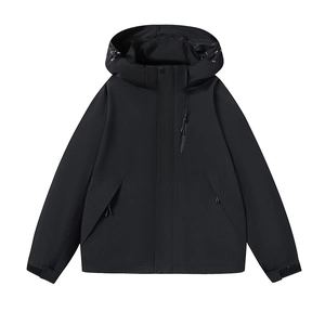 Waterproof outdoor hooded jacket for men and women featuring windproof black fabric