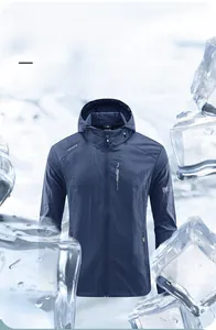 Detail of dark blue lightweight sun protection jacket with cooling ice cubes concept