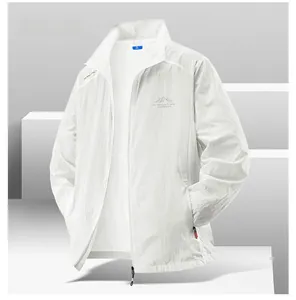 Close-up of lightweight white sun protection jacket with outdoor chest logo and zip-up collar