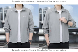 Detail of light grey sun protection jacket with stand collar and zipped side pockets