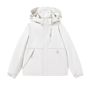 Minimalist white hooded windbreaker outdoor hiking jacket with waterproof fabric
