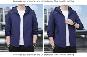 Vue détaillée de la veste de protection solaire bleu marine avec tissu léger et respirant