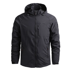 Veste outdoor à capuche gris foncé pour homme, coupe-vent respirant avec poche poitrine