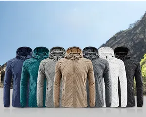 Detail view of the full color range for summer hooded sun protection jackets with B-print