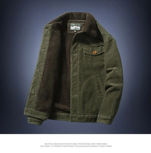 Detail of army green corduroy jacket showing soft brown fleece lining and collar