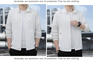 Detail of men's white UV protection jacket with chest logo and zip-up collar