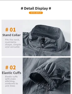 Detail of lightweight gray sun protection jacket with stand collar and elastic cuffs