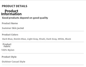 Detailed chart showing 100% nylon material and 7 color options for summer sun protection jacket