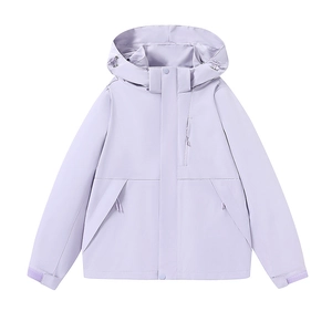 Unisex light purple waterproof hooded windbreaker with multiple pockets and adjustable cuffs