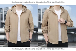 Veste de protection solaire à capuche pour homme en kaki avec poches zippées pratiques