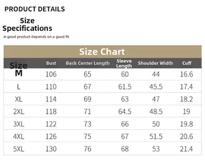 Detailed size chart for lightweight sun protection jacket with measurements from M to 5XL
