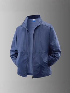 Lightweight navy blue men's windproof jacket with stand collar and full zip for outdoor sports