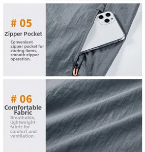 Detail of lightweight breathable fabric with smooth zipper pocket on grey sun protection jacket