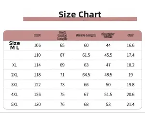 Detailed size chart for lightweight sun protection jackets from size M to 5XL