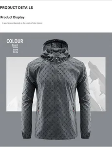 Close-up of lightweight dark grey hooded sun protection jacket with B-letter pattern