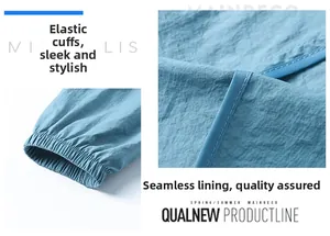 Détails des poignets élastiques et coutures intérieures sur veste anti-UV bleu clair
