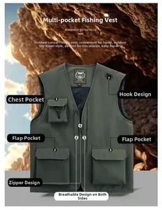 Detail der olivgrünen Angelweste mit funktionalen Taschen und Mesh-Einsätzen für Outdoor
