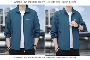 Detail of men's quick-dry sun protection jacket featuring breathable fabric texture