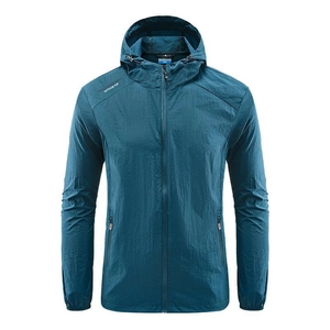 Giacca da esterno con cappuccio anti-UV blu pavone in tessuto leggero impermeabile