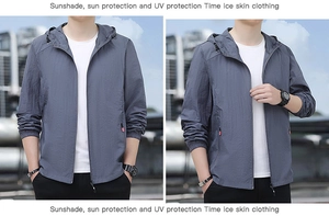 Détail de la veste de protection solaire en soie glacée grise avec poches zippées