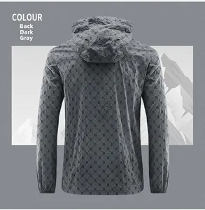 Detail view of the back of a dark grey sun protection jacket with all-over letter B print