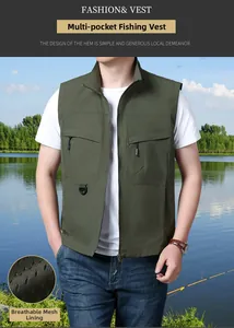 Detail of army green fishing vest featuring breathable mesh lining and multiple cargo pockets