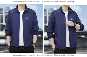 Detail of men's lightweight sun protection jacket featuring zip-up collar and chest logo