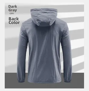 Rear view of lightweight dark gray hooded sun protection jacket with technical fabric