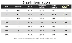 Guide des tailles détaillé pour veste de protection solaire UPF50+ allant de M à 5XL