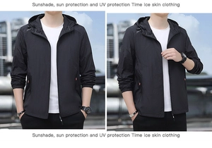 Gros plan sur la veste de protection solaire noire légère à capuche pour homme