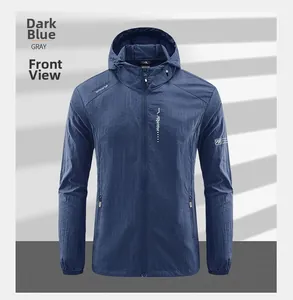 Front view of ultra-thin dark blue outdoor sun protection jacket with hood and zip