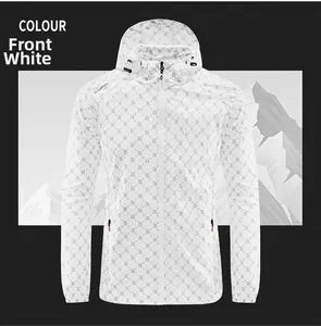 Detailed front view of white hooded windbreaker with monogram B pattern in thin fabric