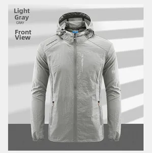 Close-up of light gray lightweight sun protection jacket with fine textured fabric detail