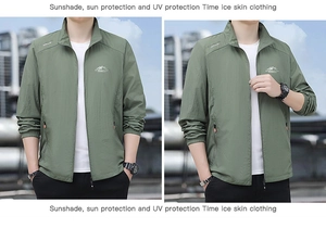 Detail view of men's lightweight sun protection jacket with mock neck in sage green
