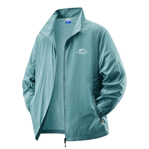 Men's lightweight teal sun protection jacket with outdoor mountain print and pockets